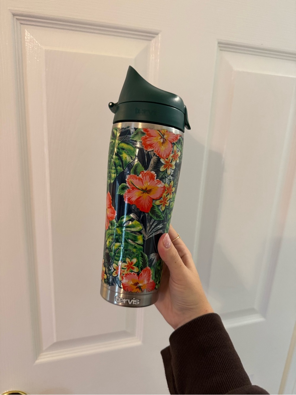 tervis Tropical Floral Travel Tumbler in Dark Green with Orange Flowers